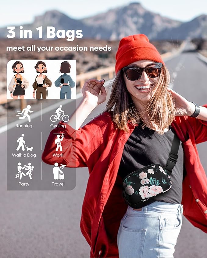 Pritent Fanny Packs for Women Cross Body Bag Waterproof Belt Bag with Adjustable Strap and Zipper Back Pocket Small Crossbody Bags Fashion Waist Packs for Workout Travelling(Flower Print)