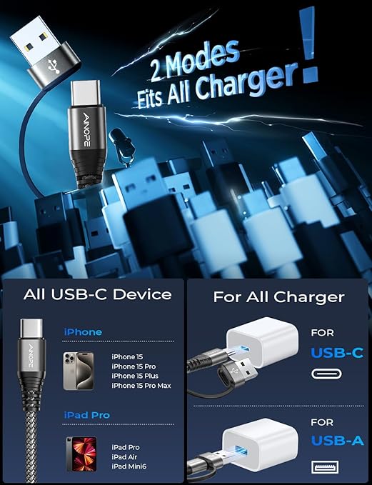 AINOPE USB C to USB C Cable, 6 FT USB C Cable Fast Charging with USB to USB C Adapter, 60W USB to USBC Cable for iPhone 17 Pro Max Air Type C Cable for iPhone 16/15/14/13/12 Samsung, Black