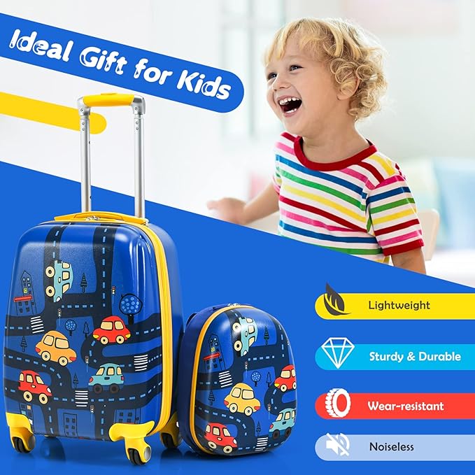 GYMAX 2Pc Kid Carry On Luggage Set, 12" & 18" Kids Suitcase with 4 Spinner Wheels, Travel Rolling Trolley