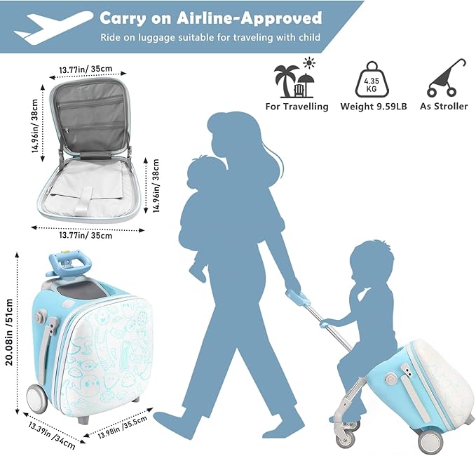 Kids Ride-on Luggage with Seat, 20 inch Carry On Suitcase, 2-in-1 Children's Luggage with Shockproof Silent Wheels and Guardrail for Airplane & Travels