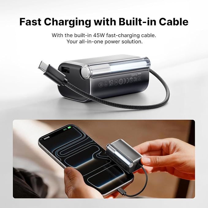 sharge Mini Portable Charger 45W 10000mAh Power Bank, Fast Charging Battery Pack with Built-in USB-C Cable, Compact Portable Phone Charger Travel Essentials Powerbank for iPhone 17/16