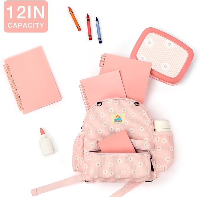 STEAMEDBUN Corduroy Toddler Backpack for Girls 2-4: Kids backpack for Boys Girls - 12 inch Preschool Kindergarten Backpacks - Sakura