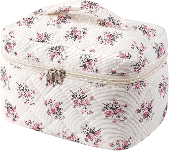 uekeboag Large Travel Quilted Makeup Bag for Women, Floral Cotton Cosmetic Bag, Coquette Aesthetic Floral Toiletry Organizer Bag
