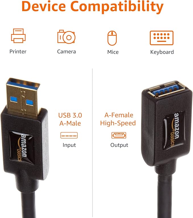 Amazon Basics USB 3.0 Extension Cable, 9.8-Foot High-Speed Data Transfer, Male to Female, 4.8Gbps, Gold-Plated Connectors, Shielded, 3 Meters, Black