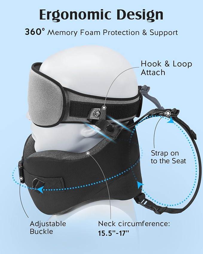 YFONG Travel Pillow for Long Flight Airplane, Head Strap Combo with 3D Contoured Sleep Eye Mask, Neck Pillow for Travel Essential, 360° Support Memory Foam Headrest, Prevent Bobbing, Drawstrap - Grey
