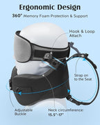 YFONG Travel Pillow for Long Flight Airplane, Head Strap Combo with 3D Contoured Sleep Eye Mask, Neck Pillow for Travel Essential, 360° Support Memory Foam Headrest, Prevent Bobbing, Drawstrap - Grey