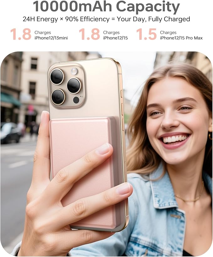 ULiXWH 10,000mAh for MagSafe Power Bank Ultra Slim, Magnetic Wireless Charger with USB-C Cable, Fast Charging Portable Battery for iPhone 17 Pro Max/17 Pro/Air/16/15/14/13, Rose Gold