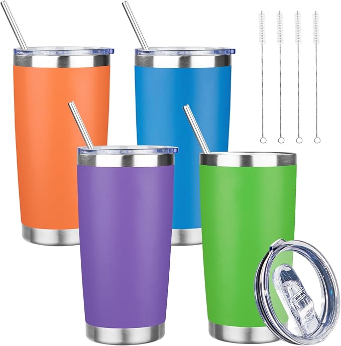20 oz Tumbler with Lids and Straws, Stainless Steel Insulated Travel Coffee Mug, Double Wall Vacuum Insulated Tumblers, Powder Coated Coffee Tumbler for Cold & Hot Drinks (Mix Color-2, 4 Pack)