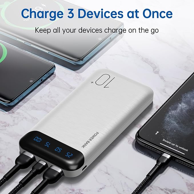 Power Bank 10000mAh Portable Charger Slim External Battery Pack with 2 USB 2.4A Outputs and USB C in/Out Compatible with Huawei iPhone 16 15 14 13 12 iPad Samsung Galaxy S20 Android Tablet (White)