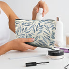 Blue Floral Makeup Bag Pouch, Blue and White Chinoiserie Makeup Pouch, Floral Cosmetic Bag, Boho Botanical Leaves Cosmetic Bag for Women