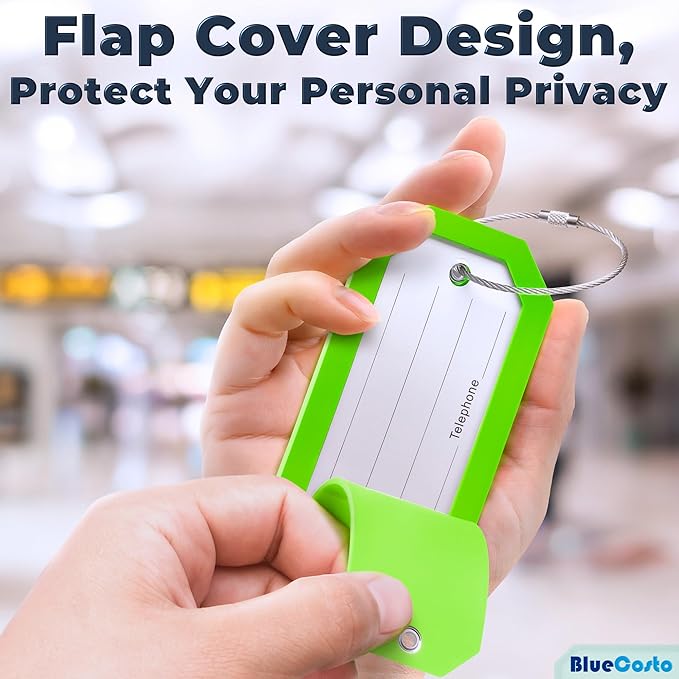 BlueCosto - Luggage Tags - Large, Green, 25 PK - Bulk PVC Suitcase Tags w/Privacy Cover & Stainless Steel Wire Loops - Multipack Personalized Baggage Identifiers for Travel - Backpack Name Labels