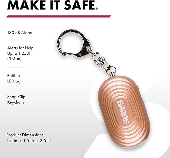 SABRE 2-in-1 Personal Alarm with LED Light, 130dB Personal Safety Siren, Snap Hook for Instant Access, 1,250 Foot (381 Meters) Range, Compact Design for Easy Attachment to Purse, Bag, or Keys