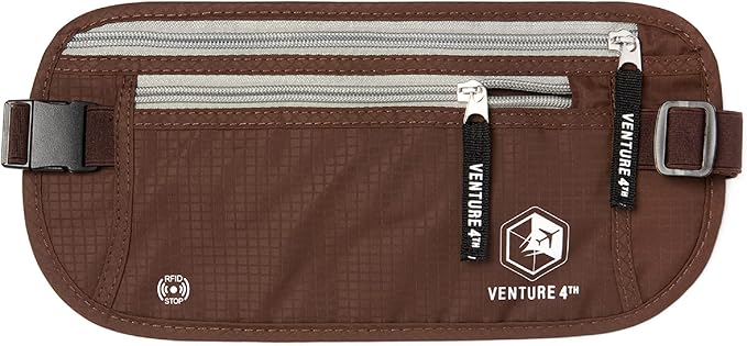 VENTURE 4TH Money Belt for Travel – Slim Hidden Under-Clothes RFID Blocking Anti-Theft Passport Holder & Travel Wallet Pouch for Men & Women to Protect Cash, Cards & Documents (Brown)