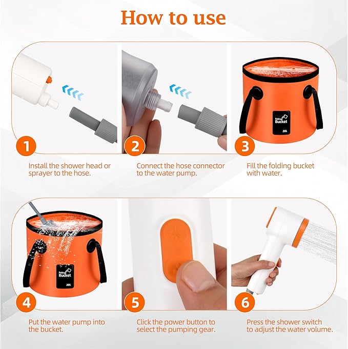 Portable Camping Shower Kit, Rechargeable Pump with Carbon Water Purification, Digital Display, Soft LED Light, Folding Bucket for Outdoor Camping Hiking Pet Bath Car Wash
