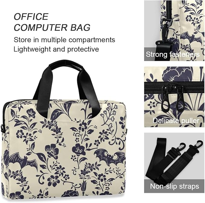 Goth Bat Flower Laptop Case 15.6 inch Computer Bag Waterproof Laptop Briefcase Laptop Bag for Women & Men