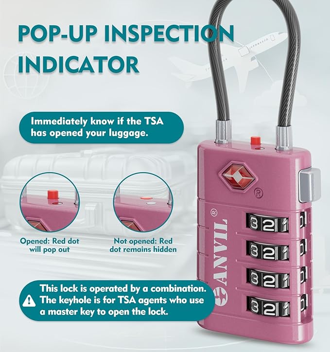 ANVIL TSA Approved Luggage Locks, 4 Digit Combination Travel Suitcase Locks with TSA008 Core and Open Alert Indicator, Zinc Alloy Body. (3, Rose Purple)