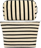 SOIDRAM 2 Pieces Makeup Bag Large Stripe Cosmetic Bag Capacity Canvas Mix Travel Toiletry Bag Organizer Cute Makeup Brushes Aesthetic Accessories Storage Bag for Women, Stripe Mix White