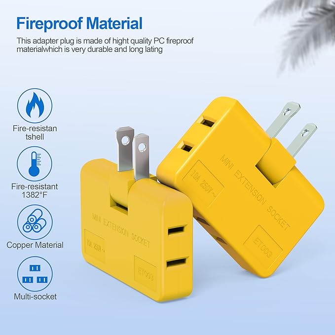 ETwinCoo 3 Way Flat Plug Adapter-2 Prong Swivel Indoor Mini Wall Tap Power Outlet Extender, Rotating Wall Plug (Quick & Space Saving) Perfect for Home, School, Office, Travel, Type A, Yellow (2 Pack)