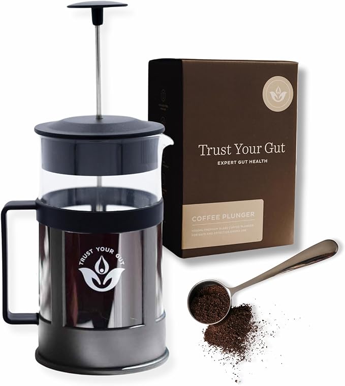 Trust Your Gut Premium Portable French Press Coffee Maker, Glass & Stainless Steel Enema Coffee Plunger, Durable and Heat-Resistant, Easy to Use, 1L Capacity