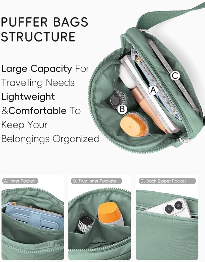 WESTBRONCO Puffer Fanny Packs for Women Quilted Nylon Waterproof Belt Bag with 2 Zipper, Puffy Crossbody Bag with Adjustable Strap, 1L Waist Bag for Travel Daily