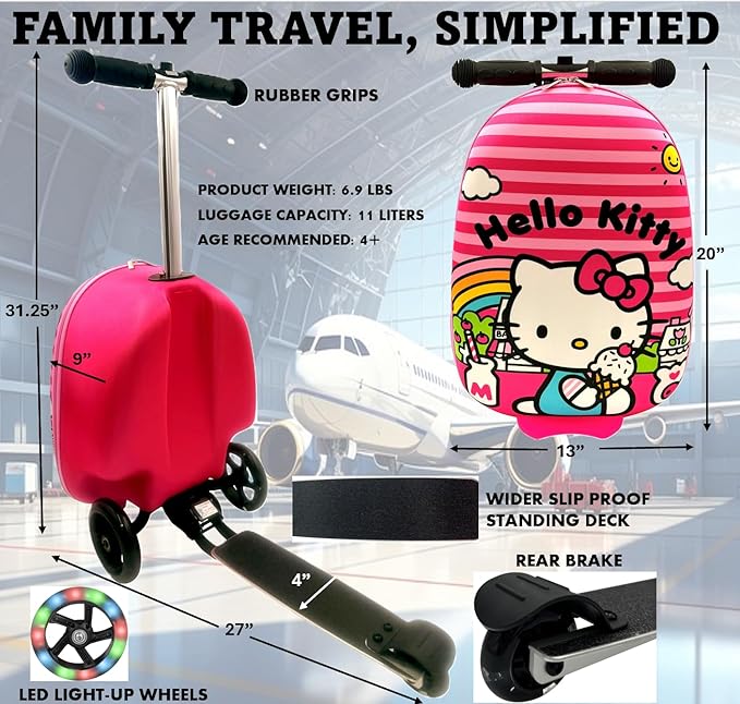 Fast Forward Hello Kitty 2-in-1 Kids Scooter Suitcase & Ride-on Carry-on Luggage Lightweight Travel Case with Built-in Kick Scooter
