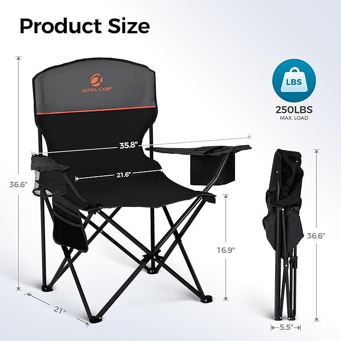 ALPHA CAMP Camping Chairs 250LBS Capacity, Heavy Duty Folding Chair with 4-Can Cooler Bag, Portable Outdoor Chair with Cup Holder for Adults, Collapsible for Tailgating, Beach, Fishing,Black,2PC