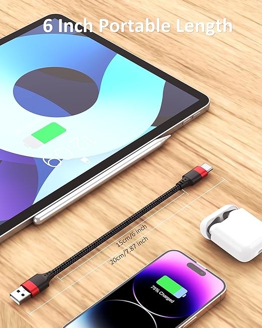 Short USB to USB C Cable 2 Pack, 6 inch USB C Cable Braided, 0.5ft Type C Charger Cord Fast Charging for iPhone 17 16 15 Pro Max, Samsung Galaxy S25 S24 S23, Pxiel 10 9