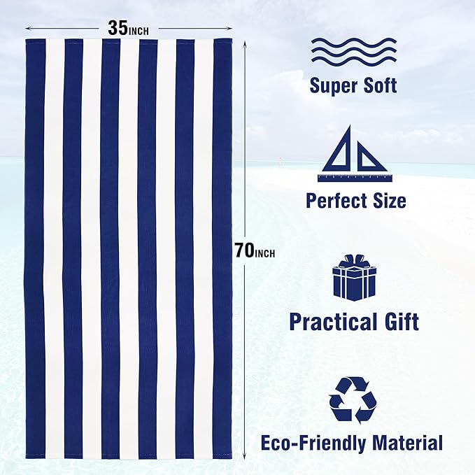 HENBAY Large Oversized Beach Towel - 35 x 70 Inch Microfiber Pool Towel, Navy Striped Quick Dry Cabana Swim Towel