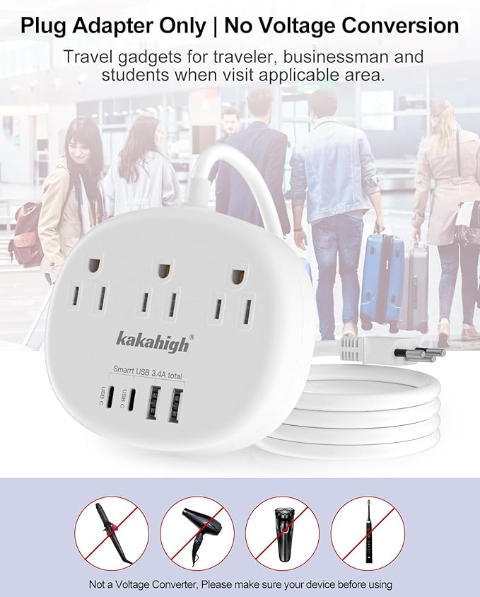 Brazil Power Adapter, Outlet Adapter for Brazil with 3 American Outlets 4 USB Ports (2 USB-C) Total 24W, Type N Plug Adapter for USA to Brazil, 3FT