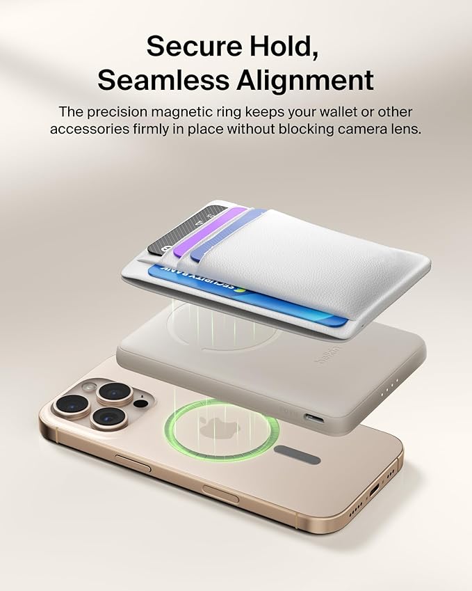 Belkin MagSafe Power Bank 5,000mAh, Ultra-Slim Portable Charger Magnetic Back Supports MagSafe Accessories On-The-Go, Wireless Battery Pack w/USB C Cable for iPhone 17, Pixel 10, Travel - Sand