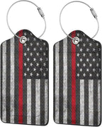 2 Pack Luggage Tags for Suitcases, PU Leather Bag Tag with Privacy Cover Address Card Travel Essentials-Thin Red Line Flag American Firefighter Flag