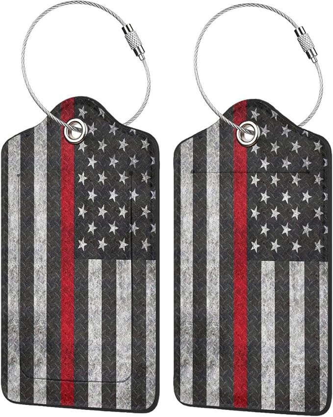 2 Pack Luggage Tags for Suitcases, PU Leather Bag Tag with Privacy Cover Address Card Travel Essentials-Thin Red Line Flag American Firefighter Flag