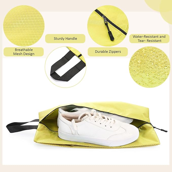 6 Pcs Travel Shoe Bags with Zipper Nylon Portable Waterproof Suitcase Shoe Organizer Packing for Golf(L,Yellow)