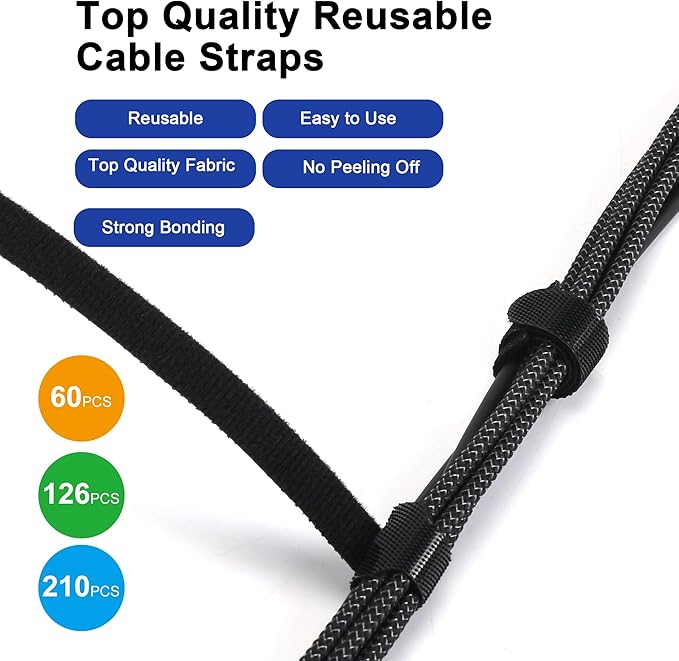 Nettbe Reusable Cable Ties, 60 PCS 8 Inches Adjustable Cord Straps Wire Organizer Cord Wrap and Hook Loop Cable Management