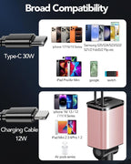 Retractable Car Charger Adapter for iPhone 17,4 in 1 Fast Charging Car Phone Charger,69W USB C Car Truck Accessories,Road Trip Essentials Gift for Men Women for iPhone 17 Pro Max/16/15/14/13/12,Galaxy