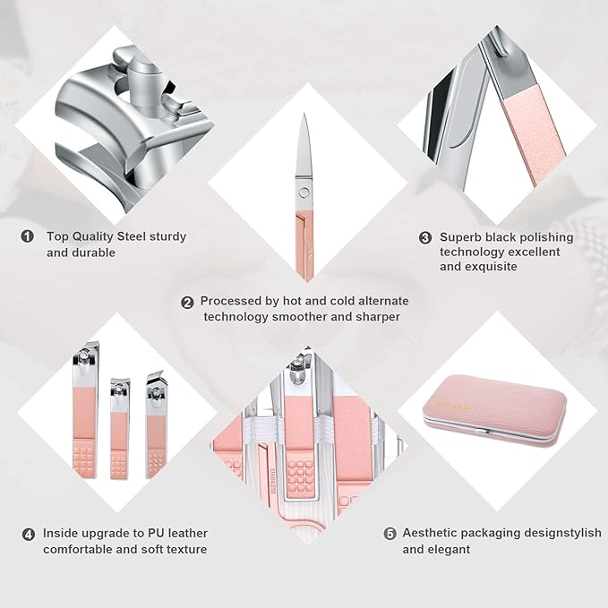 Manicure Set, Travel Mini Nail Clippers Kit Pedicure Care Tools, 10pcs Stainless Steel Grooming kit (Pink)