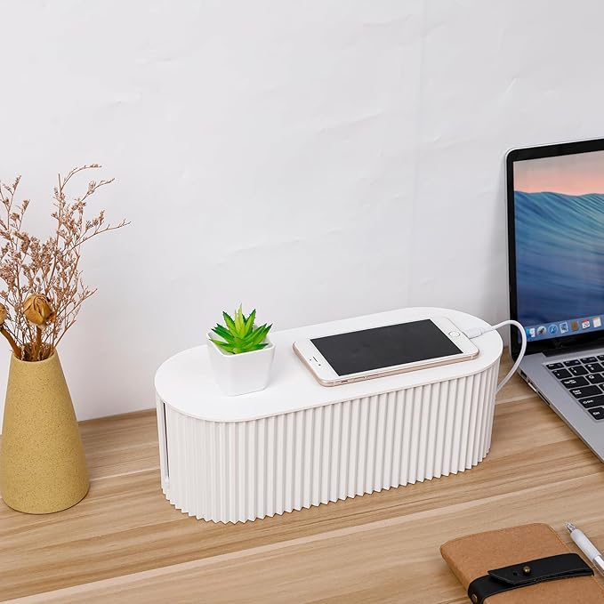 FABROK 2 Pack Cable Management Box, Cord Organizer Box with 20 Cable Ties, Power Strip Storage to Hide Charger Adapter Power Cord Charging Station White (Small+Large)
