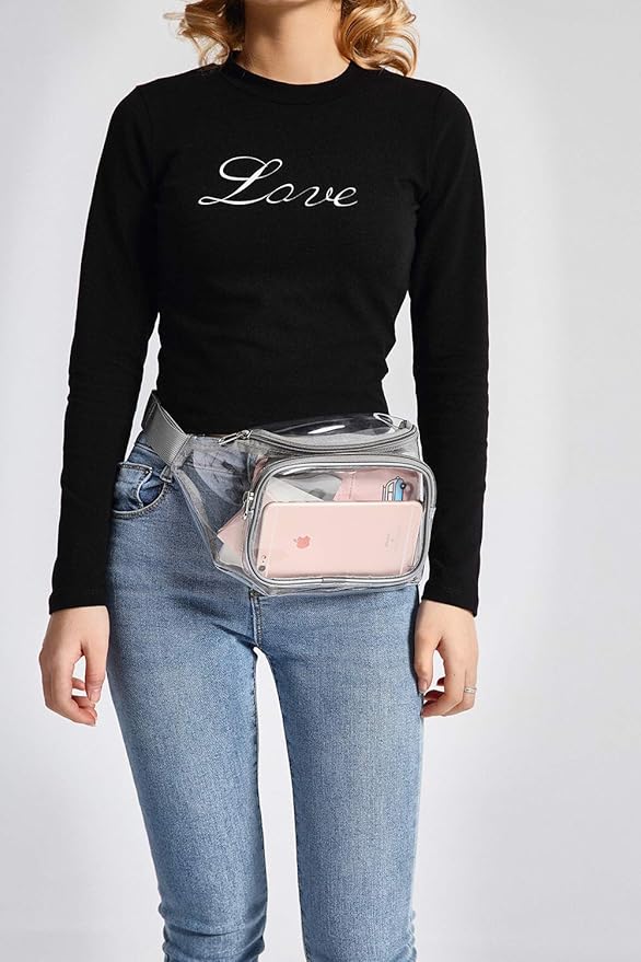 Veckle Clear Fanny Pack Stadium Approved - Adjustable 33-47 Inch Strap, Transparent Belt Bag for Women Men Fits 7.5-inch Smartphone, Waist Bag Clear Bag for Stadium Events, Sport, Concerts, Grey