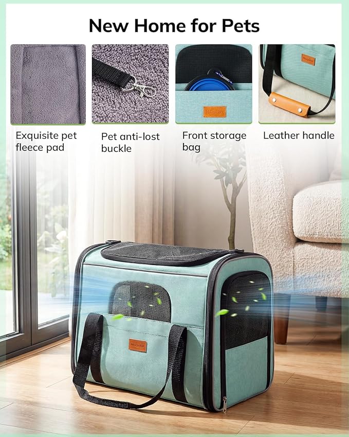Morpilot Cat Carrier - Cat Carrier Soft for Medium or Large Cats up to 20lbs, with Dual-Sided Cushion, Secure Buckle and Foldable Bowl, Dog Carriers for Small Dogs - Pet Carrier (Green)