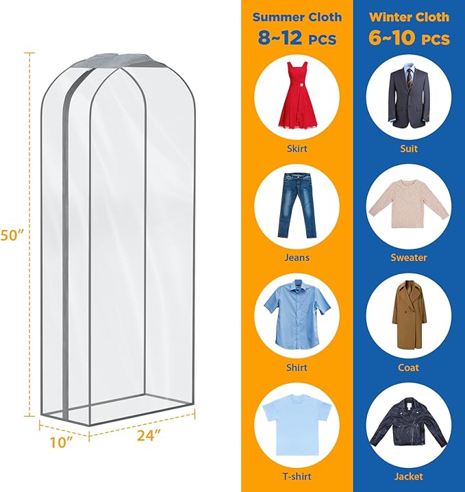 Zilink 10" All Gusseted Clear Garment Bags for Hanging Clothes 50" Hanging Garment Bags for Storage Suit Coat Bags for Closet Storage, 4 Packs