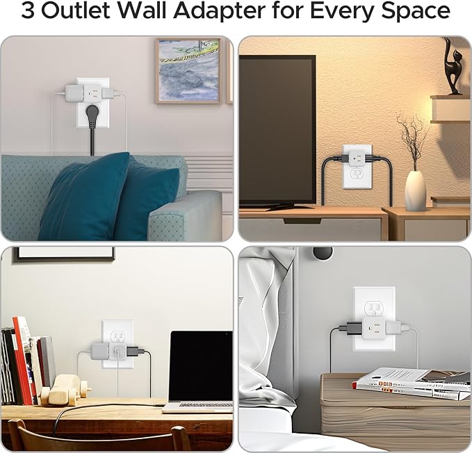 [ETL Listed] 3-Pack 3 Outlet Wall Adapter, Grounded 3-Prong Cube Tap Outlet Power Splitter, Compact 3-Way Plug Adapter for Home, Office or Travel.