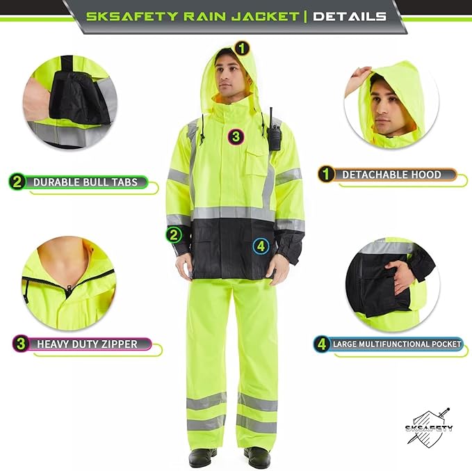 SKSAFETY Hi Vis Safety Rain Jacket for Men, Construction Work Rain Gear Heavy Duty Class 3 Rain Coat Waterproof Lightweight
