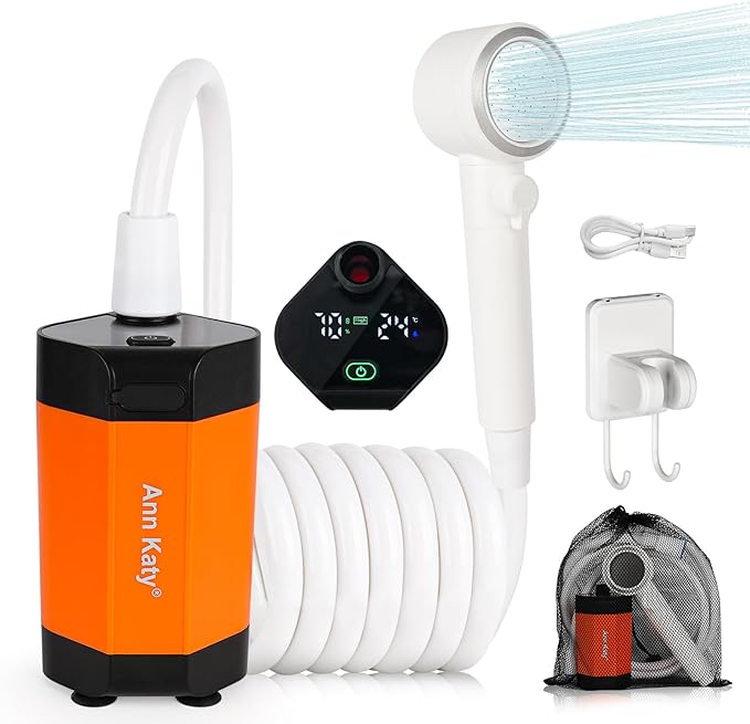 Ann Katy Portable Camping Shower Outdoor Camp Shower Pump,Upgrade Rechargeable Electric Shower Pump with Intelligent Digital Display Multiple Spray Modes for Camping, Hiking, Traveling,RV