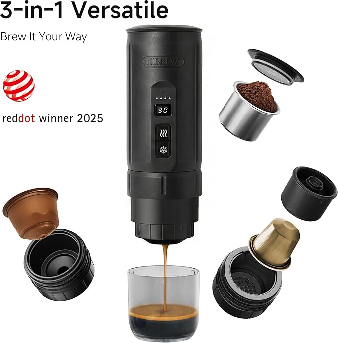 HIBREW H4C Explorer - Portable Electric Espresso Machine, USB-C Rechargeable Coffee Machine for Camping and Travel, Compact for Capsules & Ground Coffee, with Foldable Holder & Carrying Case (Black)