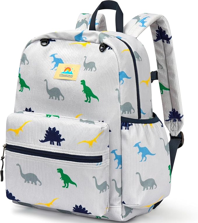 STEAMEDBUN Corduroy Kids Backpack for Boys and Girls 5-8: Boys Backpack for Elementary Kindergarten - 15 inch Cute Backpacks for Kids - Dinosaur