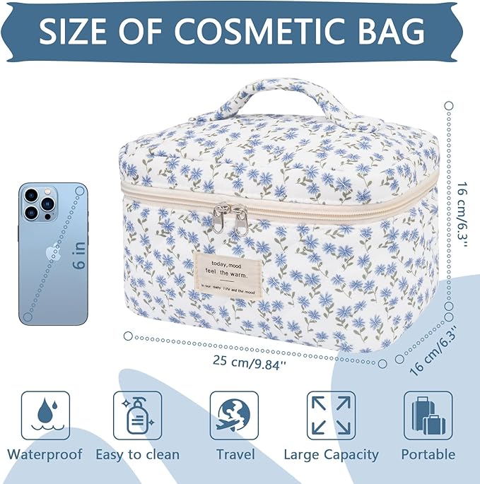 Gosect Large Makeup Bag, Cute Cosmetic Bag for Women Girls, Floral Coquette Aesthetic Toiletry Bag, Travel Make Up Organizer Bag (Blue Peacock Flower)