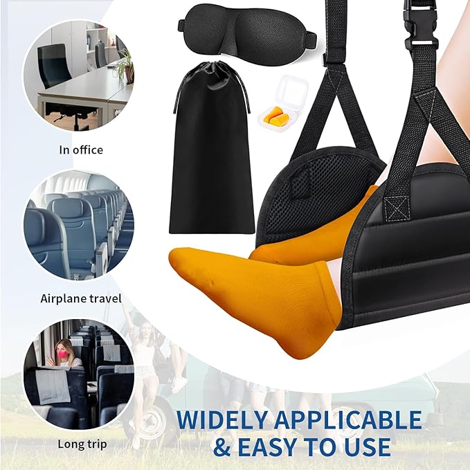 CushZone Foot Hammock Airplane Foot Rest for Train, Length Adjustable Travel Essentials with Eye Mask and Earplugs, Desk Foot Rest, Flight Essentials Airplane Foot Hammock (1 Set)
