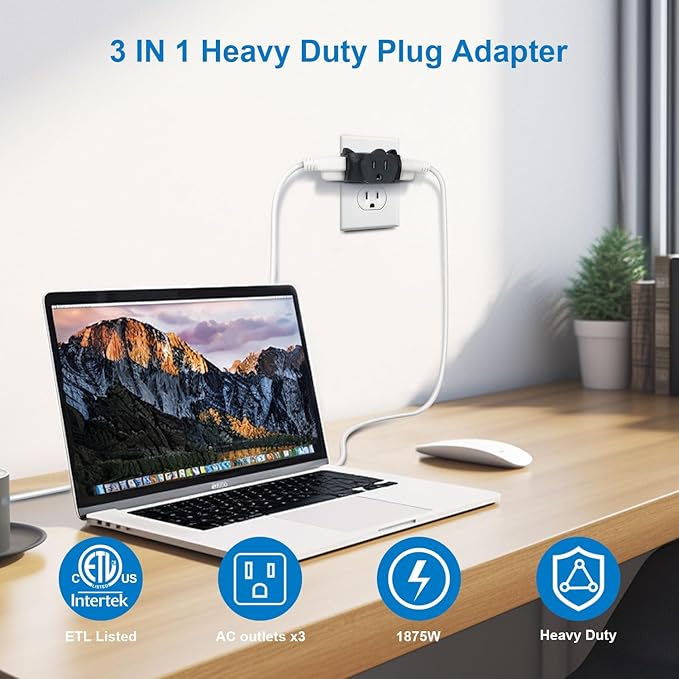 EXTRASTAR 3 Outlet Extender, Heavy Duty Grounded Wall Tab, T-Shaped Adapter, 3 Way Plug, ETL Listed Power Splitter, 4 Pack, Black