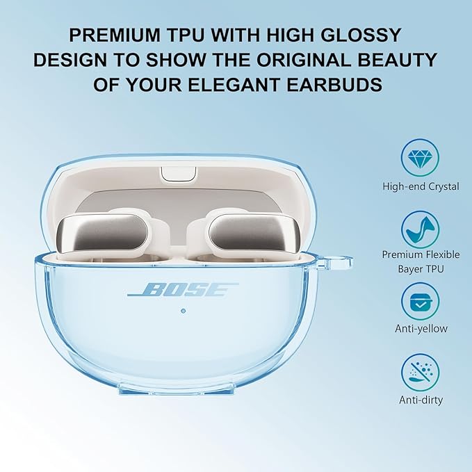 Aircawin for Bose Ultra Open Earbuds Case Clear 2024,Full Protective Shockproof Soft Transparent TPU Cover for Bose Open Ear Wireless Earbud Headphone Accessories with Carabiner and Cleaning Pen-Blue