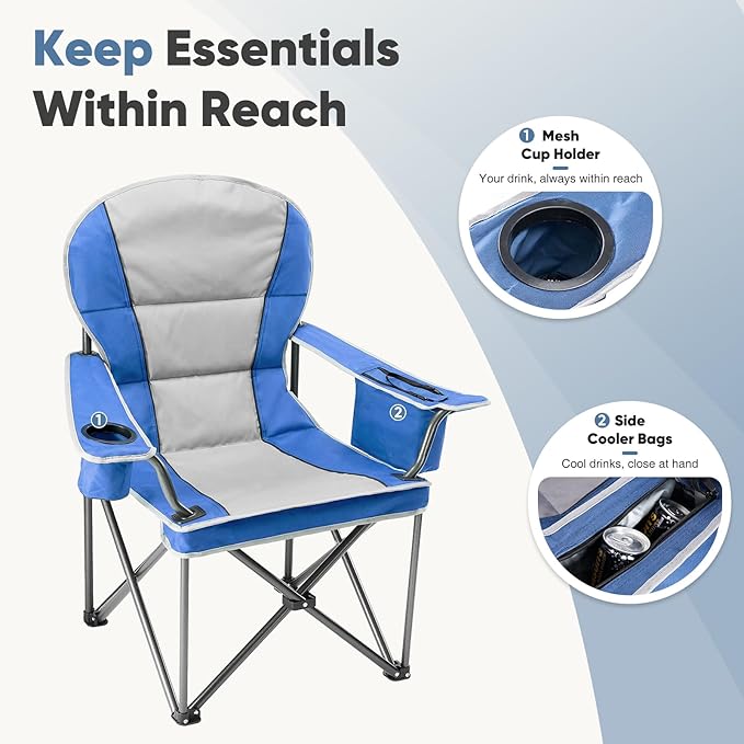 NEWBULIG Oversized Folding Camping Chair for Adults, Portable Outdoor Collapsible Chairs, 500 LBS Heavy Duty Support, with Cup Holders, for Lawn, Fishing, Hiking, Blue